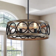 American Industrial Circular Chandelier – Retro Iron & Wood Grain Ceiling Light for Restaurant, Home, and Bedroom Decor