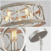 American Industrial Circular Chandelier – Retro Iron & Wood Grain Ceiling Light for Restaurant, Home, and Bedroom Decor