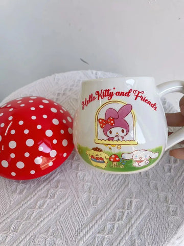 Sanrio Hello Kitty Mushroom Water Cup Porcelain Mug with Lid Mushroom Cup Mild Coffee Birthday Gift for Student Kitchen Decor