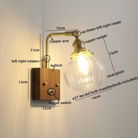 WHD Nordic Modern LED Wall Lamp, Glass & Copper Light Fixture for Bedroom, Living Room, Bathroom