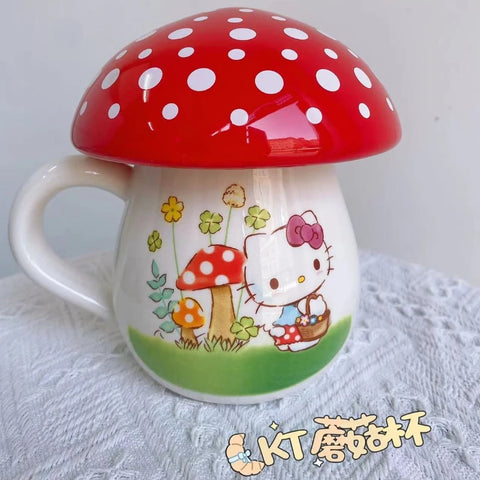 Sanrio Hello Kitty Mushroom Water Cup Porcelain Mug with Lid Mushroom Cup Mild Coffee Birthday Gift for Student Kitchen Decor