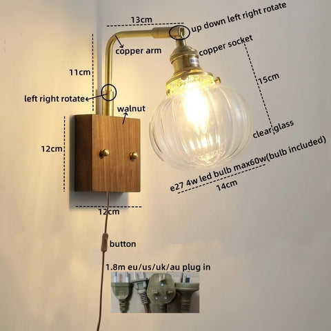 WHD Nordic Modern LED Wall Lamp, Glass & Copper Light Fixture for Bedroom, Living Room, Bathroom