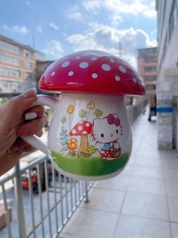 Sanrio Hello Kitty Mushroom Water Cup Porcelain Mug with Lid Mushroom Cup Mild Coffee Birthday Gift for Student Kitchen Decor