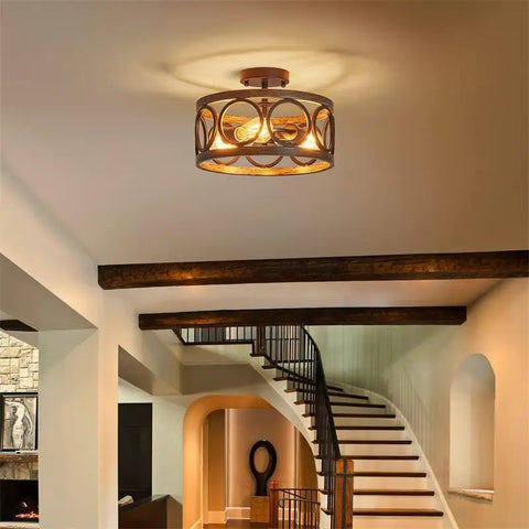 American Industrial Circular Chandelier – Retro Iron & Wood Grain Ceiling Light for Restaurant, Home, and Bedroom Decor