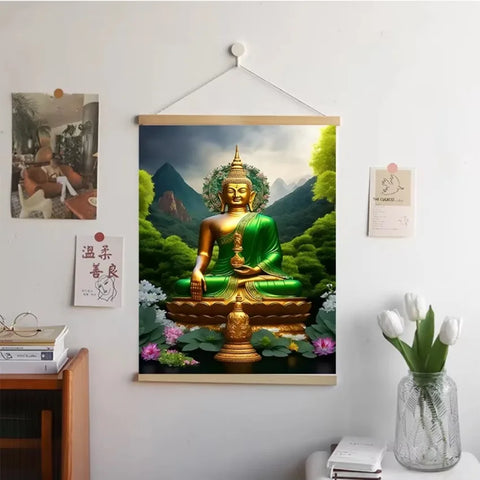 Religious Wall Art – Buddha with Flowers Canvas Scroll for Home Decor