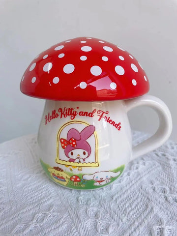 Sanrio Hello Kitty Mushroom Water Cup Porcelain Mug with Lid Mushroom Cup Mild Coffee Birthday Gift for Student Kitchen Decor