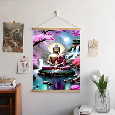 Religious Wall Art – Buddha with Flowers Canvas Scroll for Home Decor