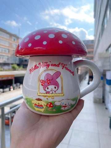 Sanrio Hello Kitty Mushroom Water Cup Porcelain Mug with Lid Mushroom Cup Mild Coffee Birthday Gift for Student Kitchen Decor