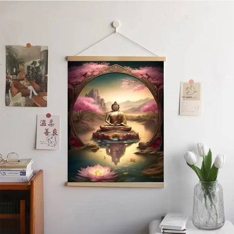 Religious Wall Art – Buddha with Flowers Canvas Scroll for Home Decor