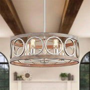 American Industrial Circular Chandelier – Retro Iron & Wood Grain Ceiling Light for Restaurant, Home, and Bedroom Decor