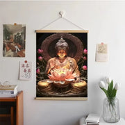 Religious Wall Art – Buddha with Flowers Canvas Scroll for Home Decor