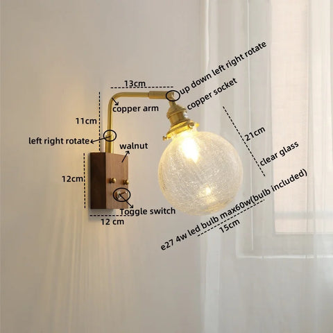 WHD Nordic Modern LED Wall Lamp, Glass & Copper Light Fixture for Bedroom, Living Room, Bathroom