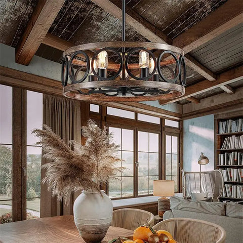 American Industrial Circular Chandelier – Retro Iron & Wood Grain Ceiling Light for Restaurant, Home, and Bedroom Decor