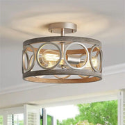 American Industrial Circular Chandelier – Retro Iron & Wood Grain Ceiling Light for Restaurant, Home, and Bedroom Decor