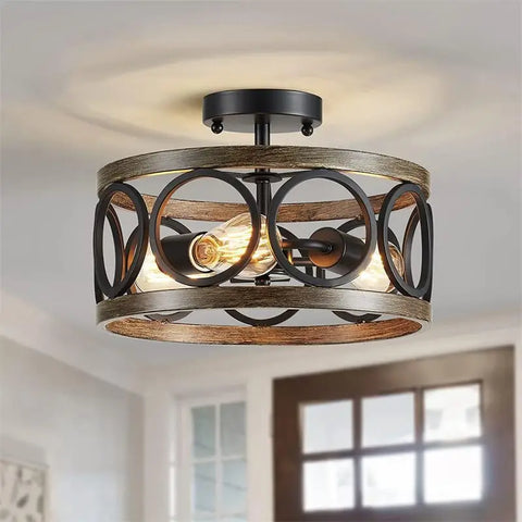 American Industrial Circular Chandelier – Retro Iron & Wood Grain Ceiling Light for Restaurant, Home, and Bedroom Decor